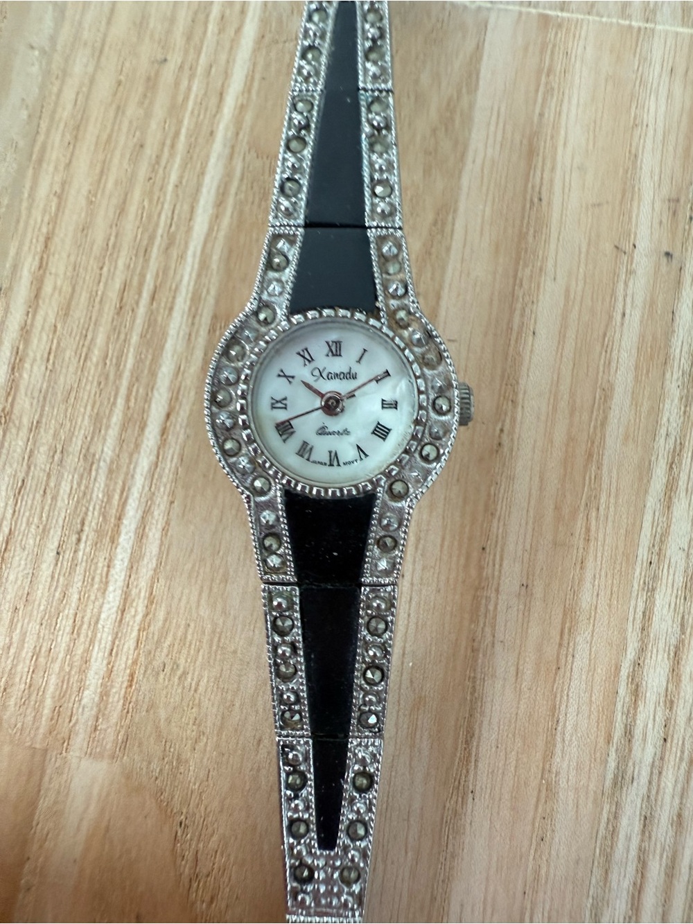 Vintage Xanadu ladies silver tone black enamel watch NEW BATTERY
